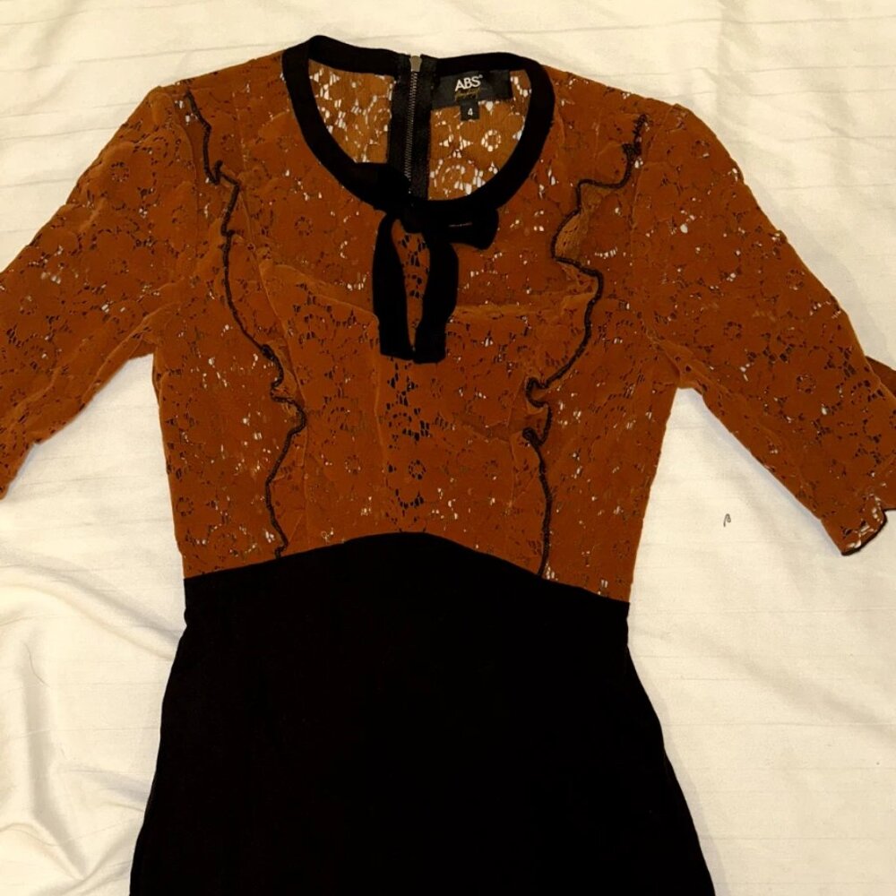 ABS Allen Schwartz Lace Midi Dress Black Brown Colorblock | Size 4